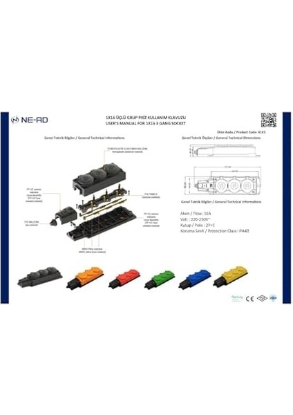 Kauçuk Üçlü Priz 16A 220-250V | 3&apos;lü Darbe Korumalı Priz | 2p+N Fişli | Yerli Üretim Şantiye Ofis Dış Mekan Uyumlu Priz - 4103 modelleri
