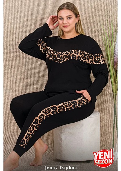 Lady Leopar Desenli Manşet Paça Pijama Uzun Kollu Bisiklet Yaka Viskon Kumaş Pijama Takımı