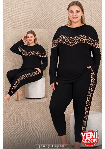 Lady Leopar Desenli Manşet Paça Pijama Uzun Kollu Bisiklet Yaka Viskon Kumaş Pijama Takımı fiyatları