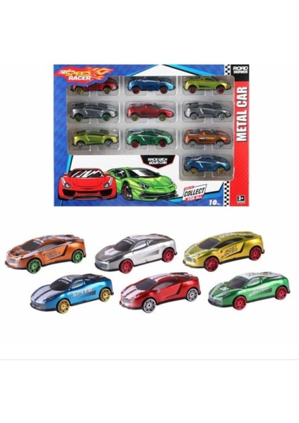Kutulu 10 Adet Metal Oyuncak Araba Speed Racer Metal Araba