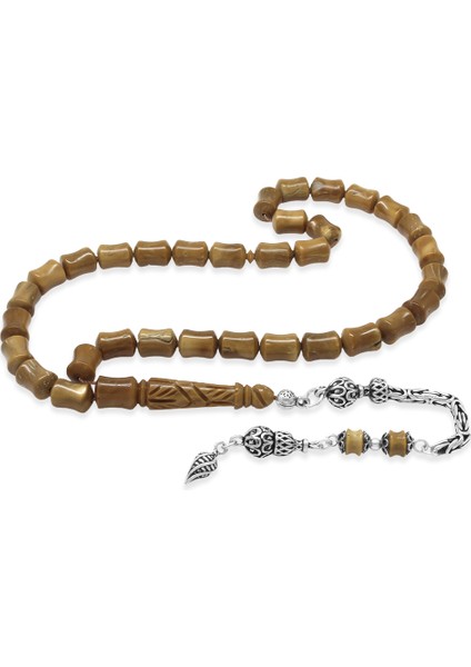 925 Ayar Gümüş Kral Zincir Püsküllü Imame Işçilikli Koyu Kahverengi Kuka Tesbih