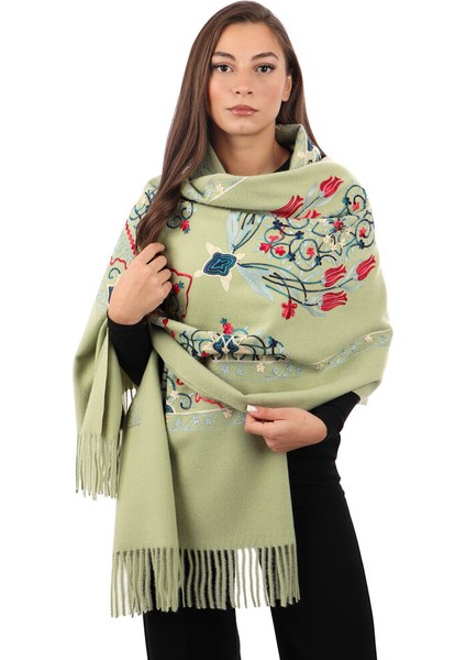 Açık Yeşil Nakışlı Kışlık Şal