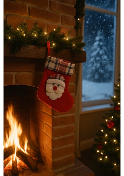 Yeni Yıl Temalı Kırmızı Keçe Noel Çorabı - Şömine Süsü ve Dekoratif Santa Hediye Çorabı