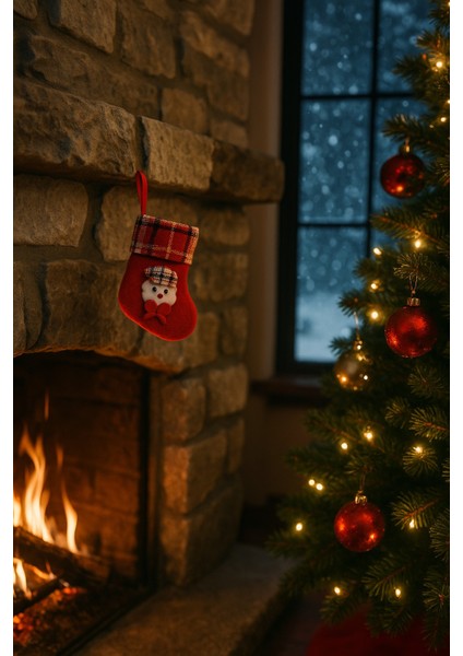 Küçük Kırmızı Yılbaşı Çorabı Ayıcık Süslemeli Dekoratif Şömine ve Ağaç Süsü Hediyelik