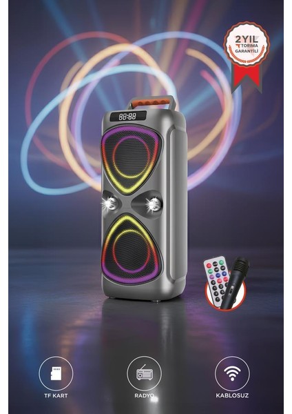 Torıma D78 Gri Kablosuz Bluetooth Hoparlör Mikrofonlu LED Işıklı 8W+8W Parti Speaker