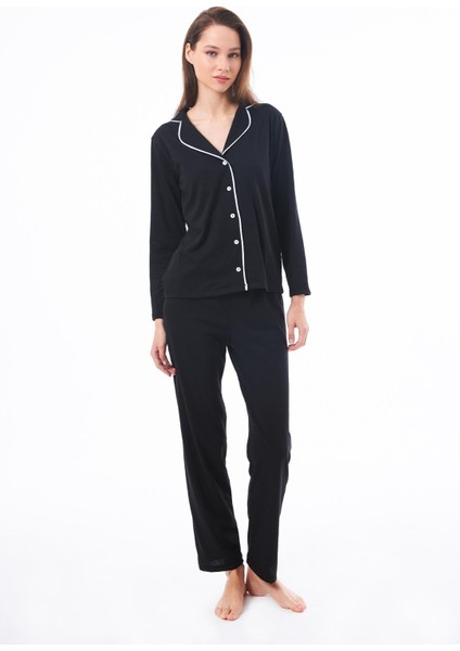 Siyah Önden Düğmeli Pamuklu Kadın Pijama Takımı