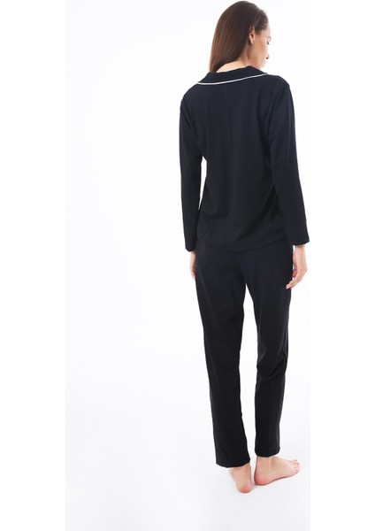 Siyah Önden Düğmeli Pamuklu Kadın Pijama Takımı fiyatları