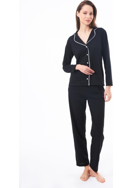 Siyah Önden Düğmeli Pamuklu Kadın Pijama Takımı modelleri
