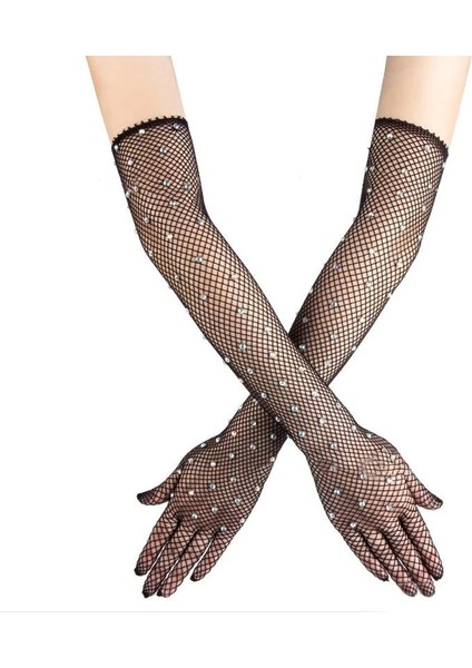 Siyah Renk Incili Elmas Işlemeli File Örgü Uzun Eldiven 45 cm - Lisinya fiyatları