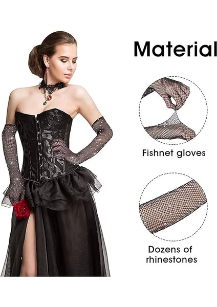 Siyah Renk Incili Elmas Işlemeli File Örgü Uzun Eldiven 45 cm - Lisinya fırsatları