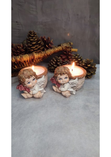 Melek Figürlü Dekoratif Mumluk 2'li Set (Inci Tozu ve Fitil Hediyeli)