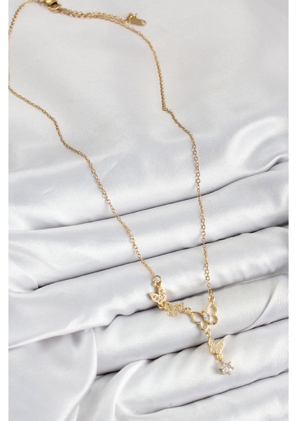 316L Çelik Zirkon Taşlı Kelebek Model Gold Renk Kadın Kolye - Lisinya fiyatları