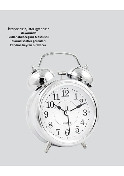 Alarmlı Dekoratif Yuvarlak Masa Saati Gümüş Renk Sessiz ve Işıklı fırsatları