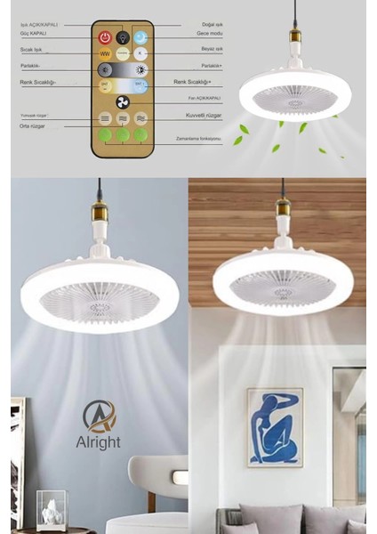 Yeni Nesil E27 Duylu Kumandalı Tavan Vantilatörlü LED Lamba 3 Hız Ayarı ve 3 Renk Ayarı ( Lisinya )