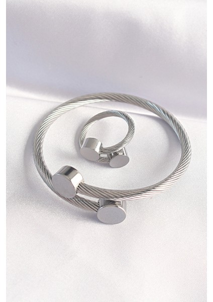 316L Çelik Gümüş Renk Oval Aksesuarlı Burgu Model Bileklik ve Yüzük Kombini - Lisinya