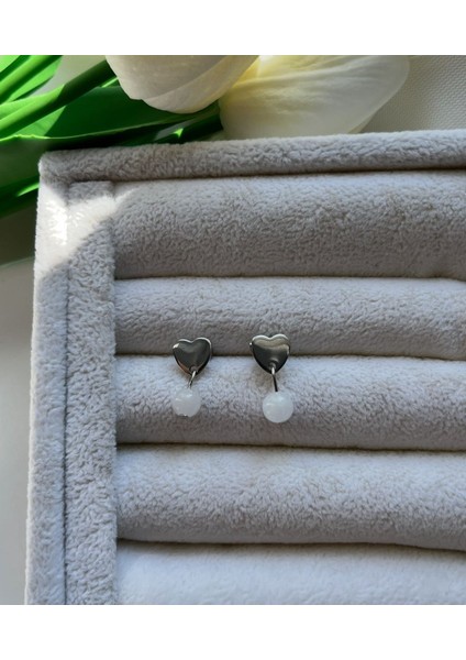 Ay Taşı Kalpli Çelik Küpe El Yapımı