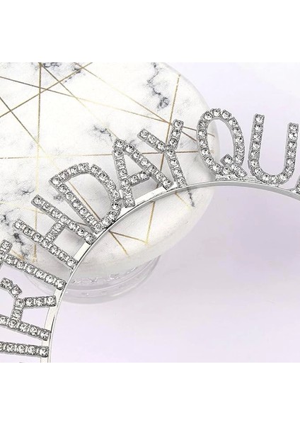 Gümüş Renk Kristal Taşlı Parlak Birthday Queen Yazılı Kraliçe Taç 16X17 cm - Lisinya fırsatları
