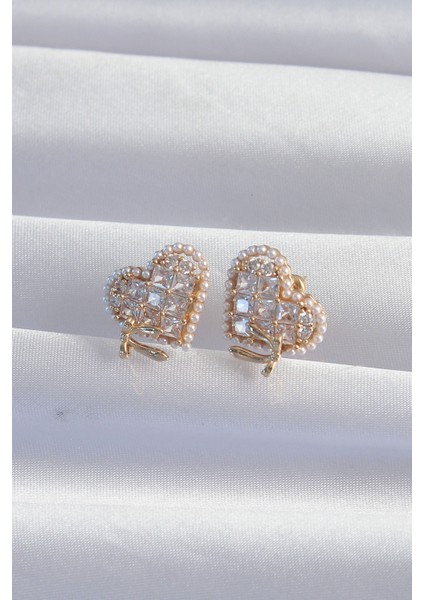 Pirinç Gold Renk Fiyonk Detay Incili Zirkon Taşlı Kalp Küpe - Lisinya fiyatları