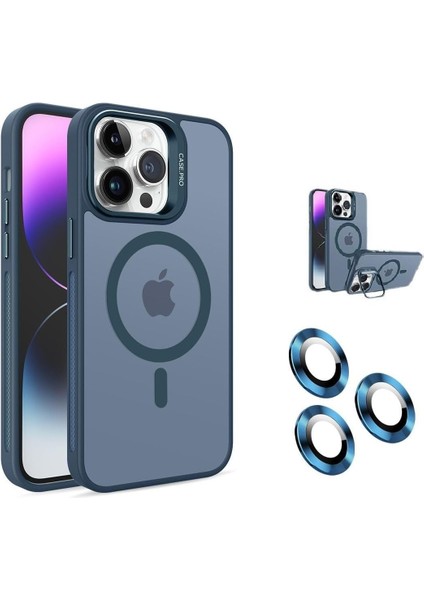 16 Pro Max Kamera Korumalı Standlı Kılıf ile Uyumlu Açılır Kamera Standlı Manyetik 16 Pro Max Kılıf + Lens Koruma Set Darbeye Karşı Korur (Deniz Mavisi)
