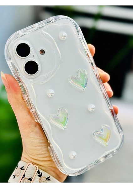 Go Aksesuar 16 ile Uyumlu 3D Incili Şeffaf Kalp Tasarımlı Oyuncaklı Silikon Kılıf