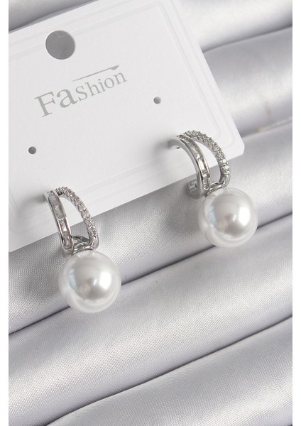 Pirinç Gümüş Renk Zirkon Taşlı Halka Inci Detay Kadın Küpe - Lisinya