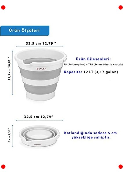 12 Litre Katlanabilir Kova - Çok Amaçlı Gri fırsatları