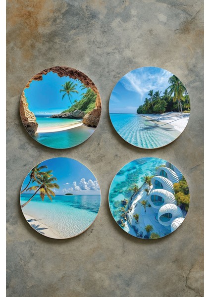 Ev Dekor Oval Pleksi Bardak Altlığı Temalı Desenli 4'lü Set Maldives