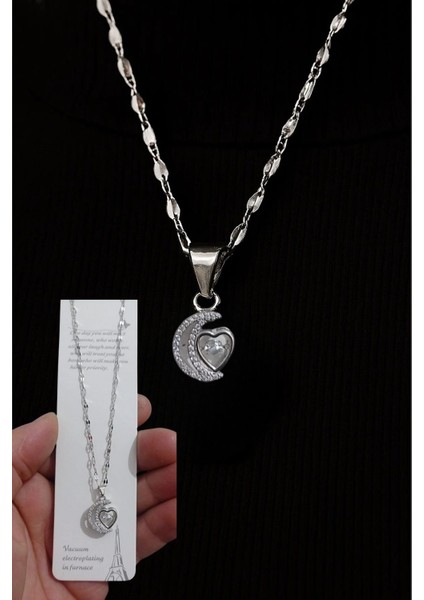 Ay Kalp Figürlü Zirkon Taşlı Gümüş Renk Zincir Kadın Kolye Kararmaz Çelik Kolye