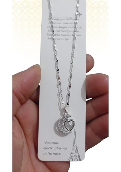 Ay Kalp Figürlü Zirkon Taşlı Gümüş Renk Zincir Kadın Kolye Kararmaz Çelik Kolye fiyatları