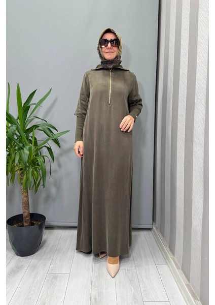 Fermuar ve Triko Detaylı Cupro Elbise Haki T26K-4006