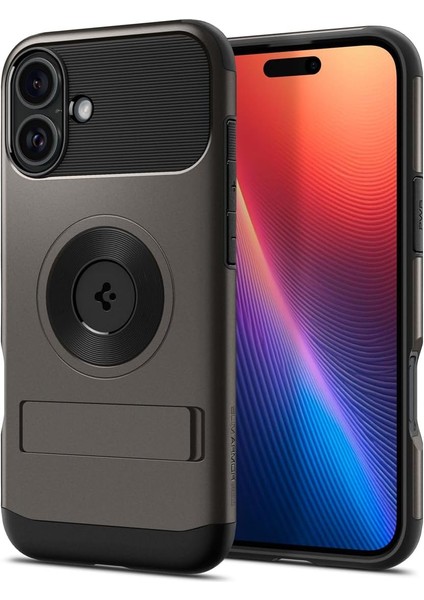 16 Ekstra Dayanıklı Kılıf Slim Hava Kanalı Teknolojisi™ Askeri Sınıf Koruma Magfit Kickstand&apos;lı Gunmetal Çift Katman Kapak - ACS08226