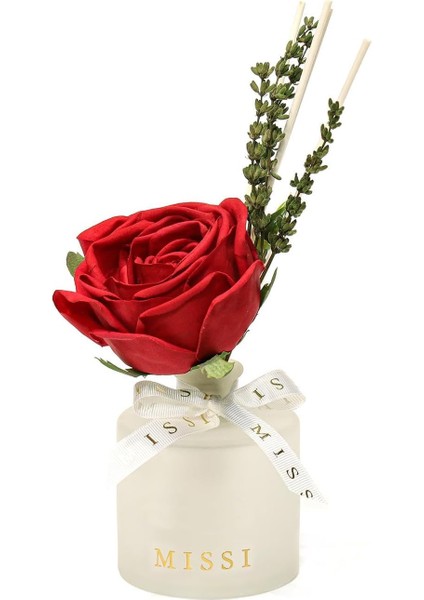 200 ml Buzlu Cam Şişe Kırmızı Gül Dekorlu Rose-Pudra Oda Kokusu