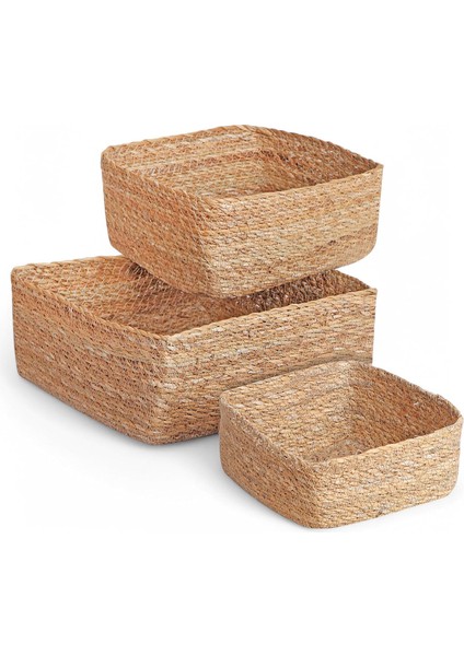 3&apos;lü El Yapımı Kare Hasır Düzenleyici Seti | 3&apos;lü Hasır Kare Organizer Seti – Dekoratif, Çok Amaçlı ve Dayanıklı Sepetler (26X26X12CM – 22X22X10CM – 18X18X8CM)
