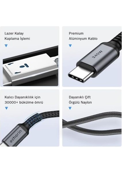 Type-C To Type-C (3 Metre) Hızlı Şarj 240W Pd 48V5A Yüksek Kaliteli Örgülü Kablo Gri fiyatları