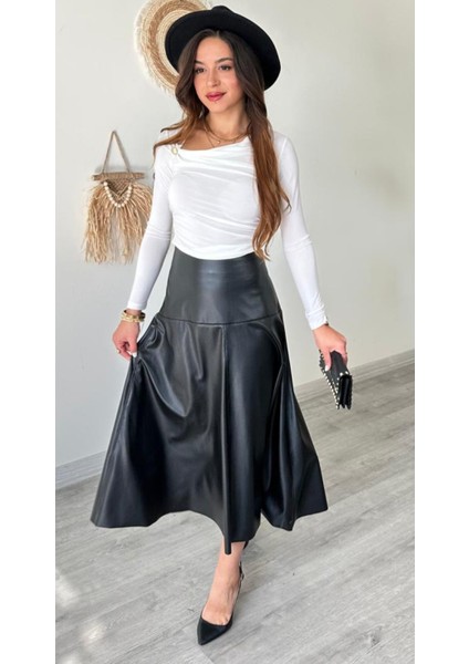 Içi Şardonlu Uzun Suni Deri Etek