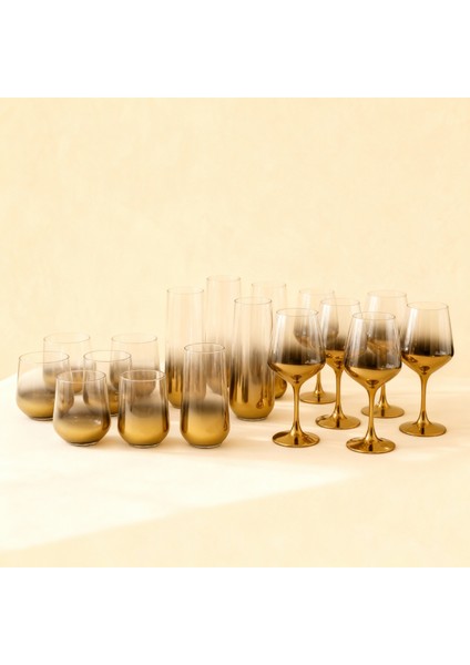 18 Parça Titanyum Gold Degrade Cam Bardak & Kadeh Seti