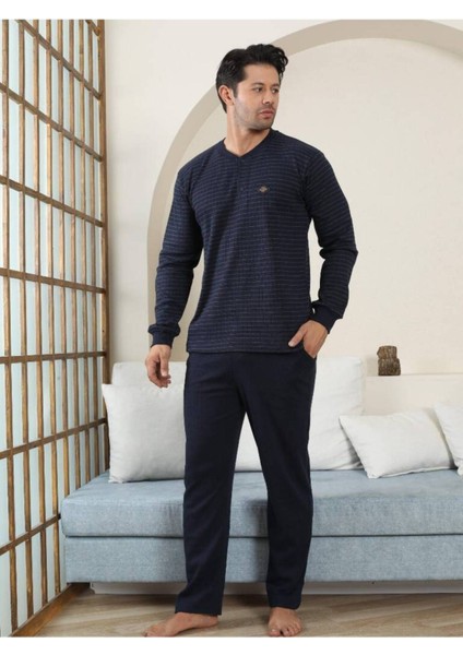 Erkek Pijama Takımı - Lacivert Çizgili Kışlık Interlok 1221UK