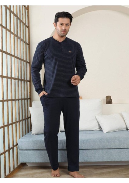 Erkek Pijama Takımı - Lacivert Çizgili Kışlık Interlok 1221UK fırsatları