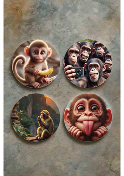 Ev Dekor Oval Pleksi Bardak Altlığı Temalı Desenli 4'lü Set Maymun