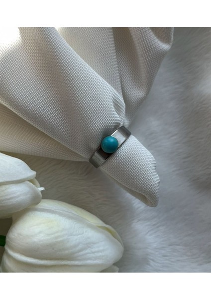 Turkuaz Firuze Taşı Kalın Çelik Yüzük El Yapımı