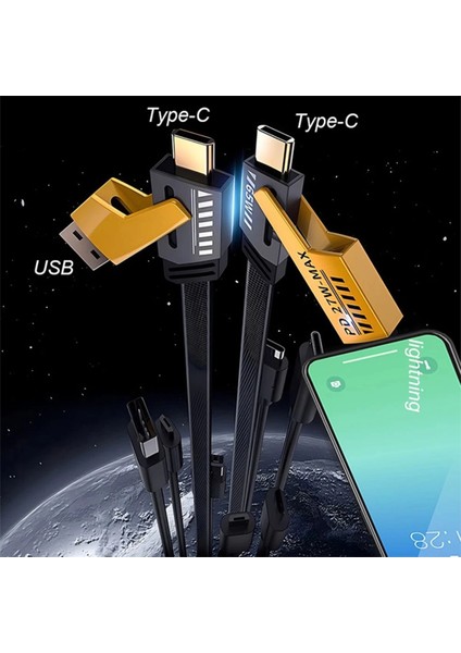 4in1 Type-C 65W To Usb-A + Type-C To Lightning 27W Hızlı Şarj Kablosu Siyah modelleri