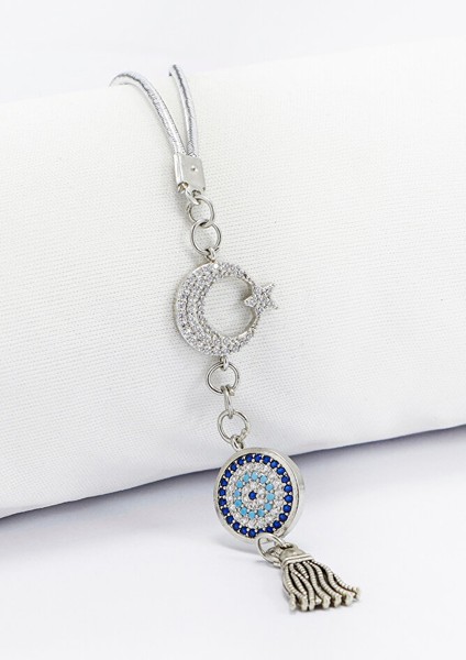 Parlak Taşlı Ay Yıldızlı Nazar Boncuğu Araba Dikiz Ayna Süsü, Gümüş Renkli Yeni Araba Hediyesi