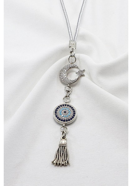 Parlak Taşlı Ay Yıldızlı Nazar Boncuğu Araba Dikiz Ayna Süsü, Gümüş Renkli Yeni Araba Hediyesi fırsatları