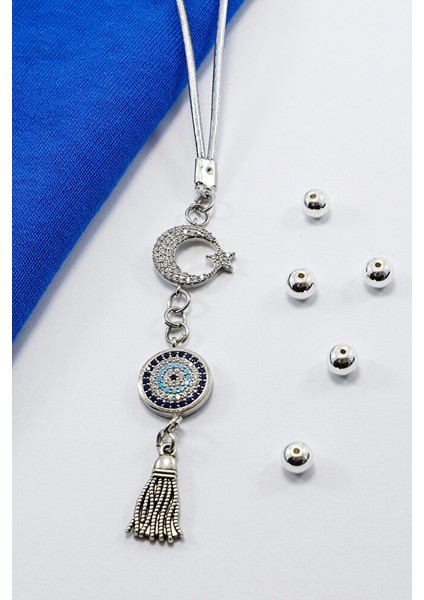 Parlak Taşlı Ay Yıldızlı Nazar Boncuğu Araba Dikiz Ayna Süsü, Gümüş Renkli Yeni Araba Hediyesi indirimleri