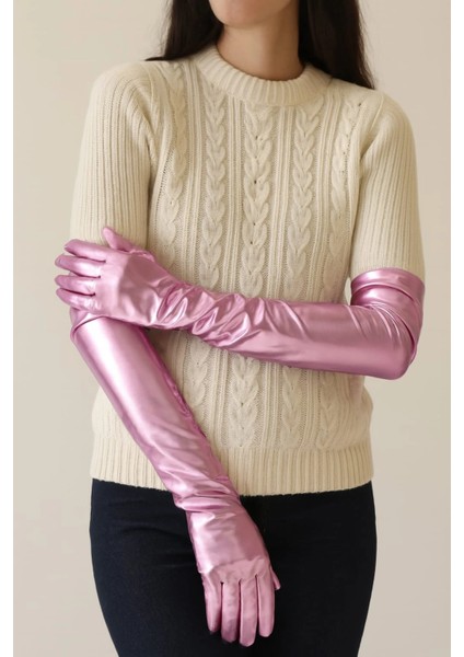 Uzun Boy Ekstra Parlak Saten Eldiven Pembe Renk