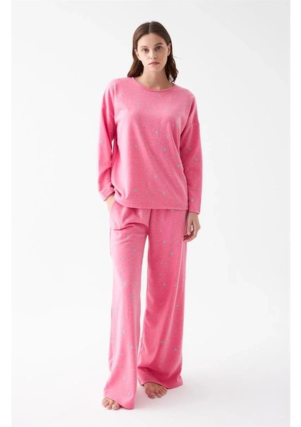 Kadın Oversize Pembe Puantiyeli Pamuklu Kalın Pijama Takımı
