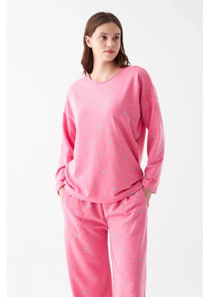 Kadın Oversize Pembe Puantiyeli Pamuklu Kalın Pijama Takımı modelleri