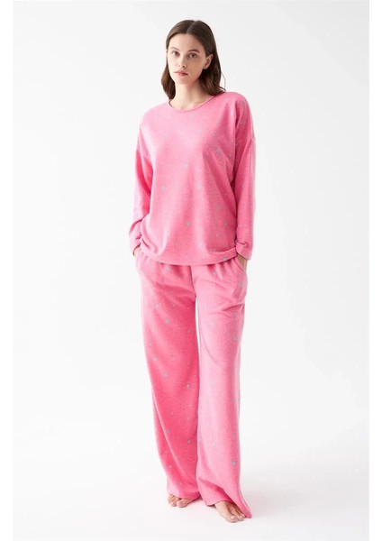 Kadın Oversize Pembe Puantiyeli Pamuklu Kalın Pijama Takımı fırsatları