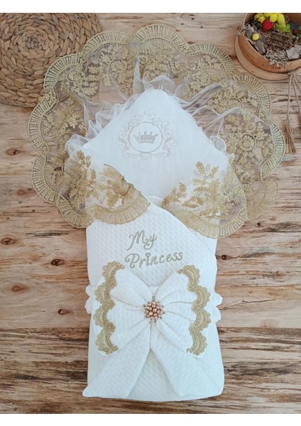 Yenidoğan Pamuk Taç Benim Prensesim Nakışlı Trilüks Kundak Bebek Battaniyesi Ekru
