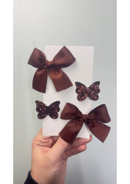 Acı Kahve Tonları Kurdele Kelebek Klips Toka Seti( 5/3 cm Metal Toka)